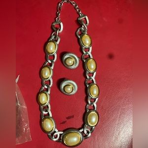 MONET SIGNED TEXTURED SILVER FX PEARL NECKLACE & CLIP EARRING SET